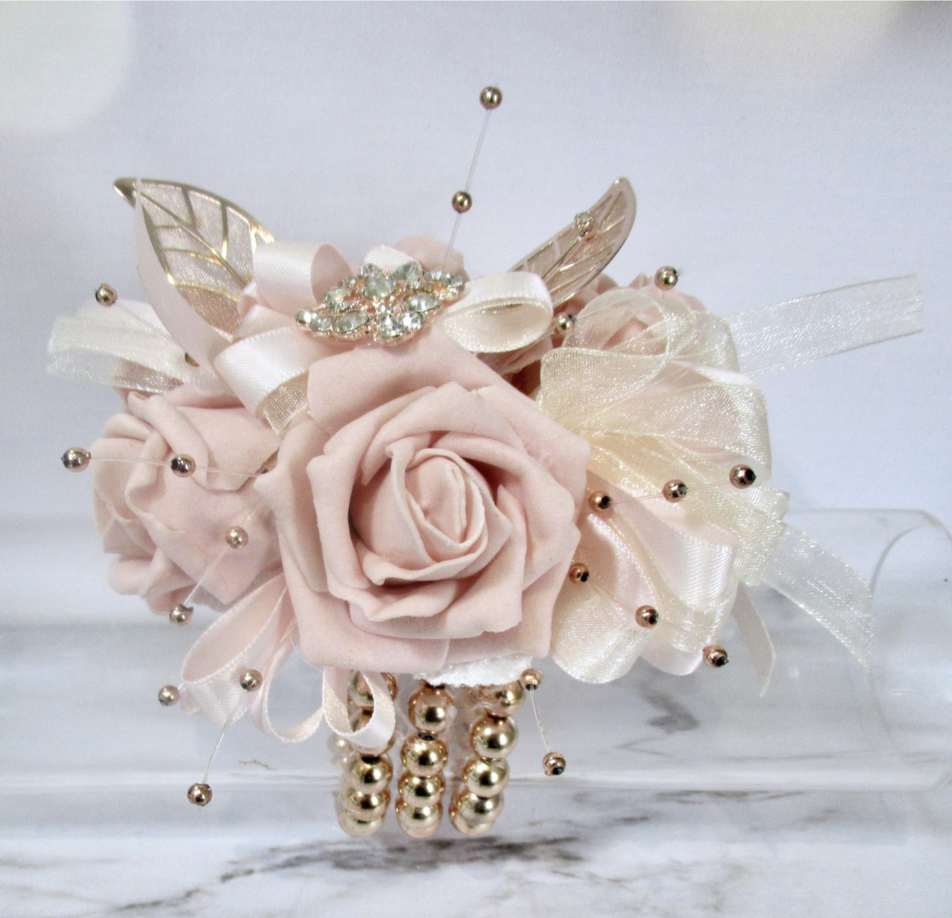 Blush & Rose Gold Wrist Corsage, rose gold wrist corsage for weddings and proms